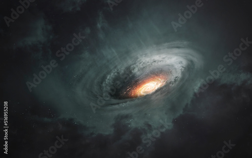3D illustration of Black hole absorbing light in deep space. 5K realistic science fiction art. Elements of image provided by Nasa