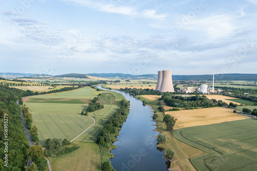View of drone of nuclear power plant and river photo