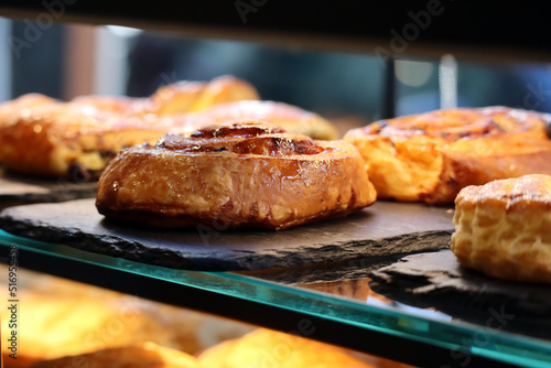 Fresh pastries in the showcase of a French bakery
