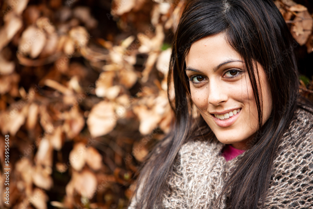 Autumn Smile. A natural smile from a beautiful young mixed-race Anglo-Indian female model. From a series with the same model. Autumn Smile. A natural smile from a beautiful young mixed-race Anglo-Indian female model. From a series with the same model.