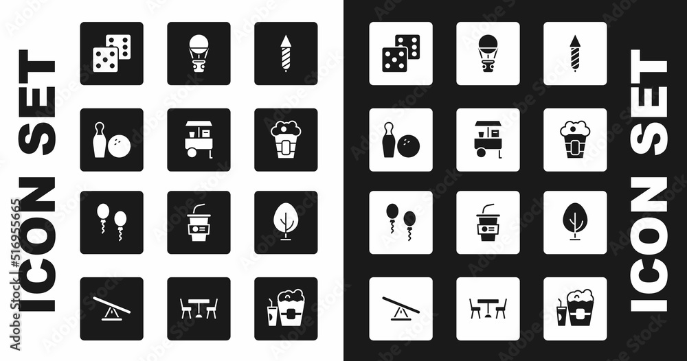 Set Firework rocket, Fast street food cart, Bowling pin and ball, Game dice, Popcorn box, Hot air balloon, Tree and Balloons icon. Vector Set Firework rocket, Fast street food cart, Bowling pin and ball, Game dice, Popcorn box, Hot air balloon, Tree and Balloons icon. Vector