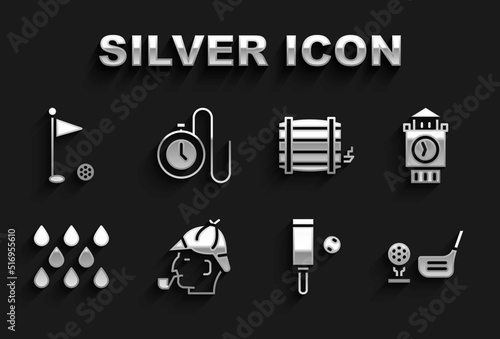Set Sherlock Holmes, Big Ben tower, Golf club with ball on tee, Wood cricket bat and, Water drop, Wooden barrel, flag and Watch chain icon. Vector