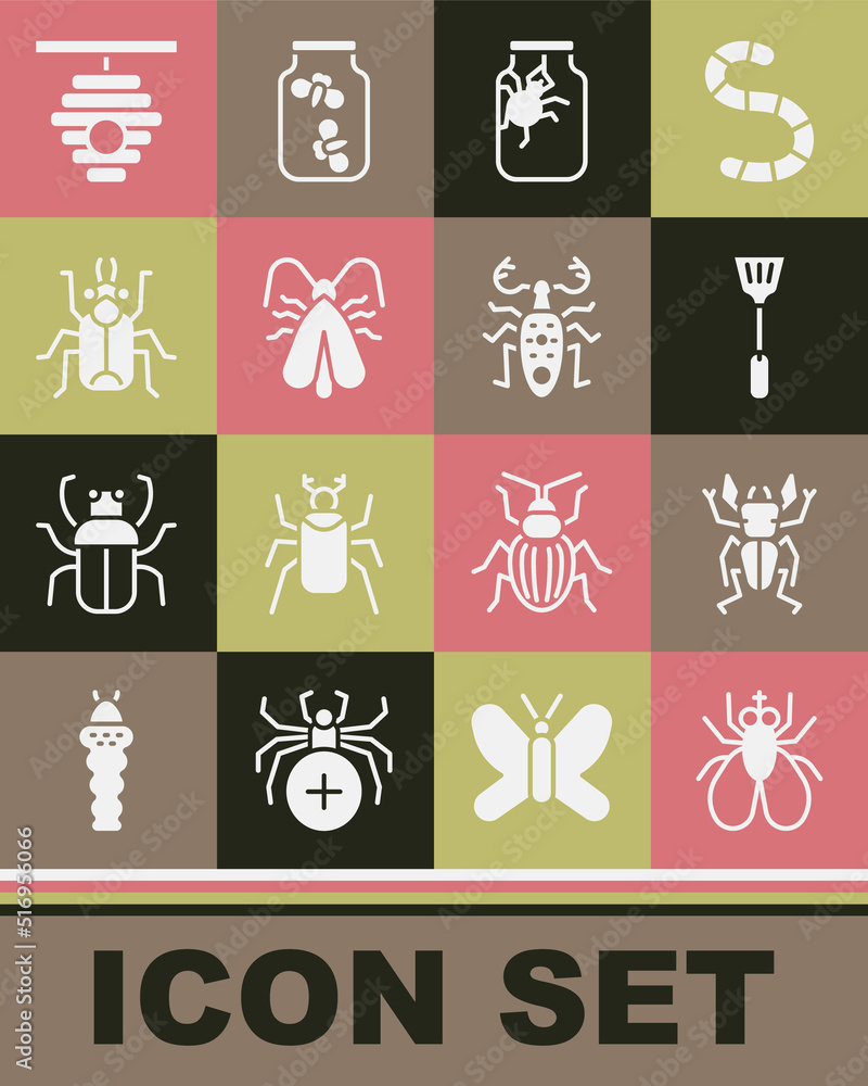 Set Insect fly, Beetle deer, Fly swatter, Spider in jar, Clothes moth, bug, Hive for bees and icon. Vector Set Insect fly, Beetle deer, Fly swatter, Spider in jar, Clothes moth, bug, Hive for bees and icon. Vector