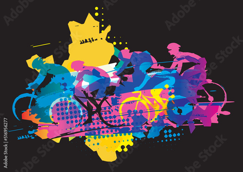 Cycling race, grunge background.
Expressive stylized drawing of a group of cyclists at full speed . Isolated on black background. Vector available.