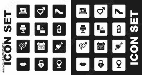 Set Woman shoe, Diamond engagement ring, Wedding cake, Photo camera, Please do not disturb, Heart with male gender, Amour heart and arrow and Gender icon. Vector