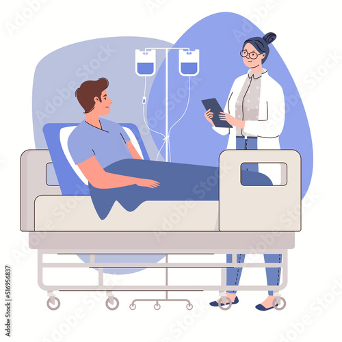 Doctor tells about results of examination, disease and treatment plan to patient lying on hospital bed with intravenous drip. Vector characters flat cartoon illustration.