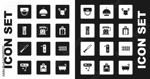 Set Toilet paper roll, Telephone handset, Remote control, Bellboy hat, Lift, Covered with tray, Heating radiator and Knife icon. Vector