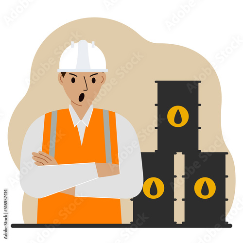 Oil barrels and a screaming oilman. Oil industry and worker or engineer in special clothes and helmet.