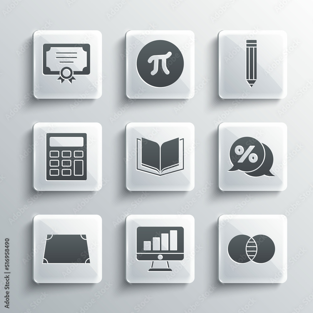 Set Computer monitor with graph chart, Mathematics sets A and B, Discount percent tag, Open book, Acute trapezoid shape, Calculator, Certificate template and Pencil icon. Vector