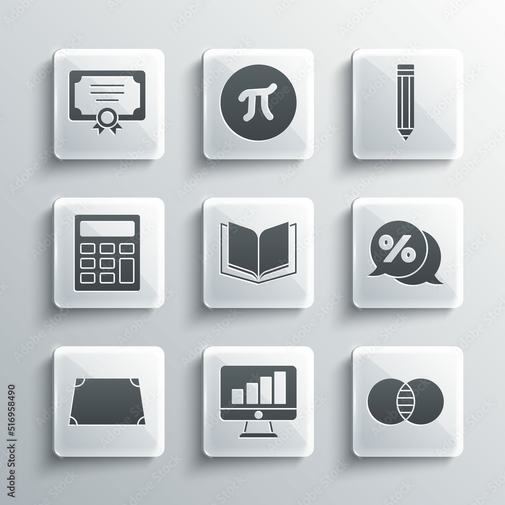 Set Computer monitor with graph chart, Mathematics sets A and B, Discount percent tag, Open book, Acute trapezoid shape, Calculator, Certificate template and Pencil icon. Vector Set Computer monitor with graph chart, Mathematics sets A and B, Discount percent tag, Open book, Acute trapezoid shape, Calculator, Certificate template and Pencil icon. Vector