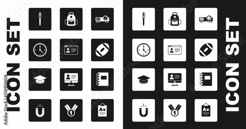 Set Movie, film, media projector, Online class, Clock, Pen, American Football ball, School backpack, Spiral notebook and Graduation cap icon. Vector