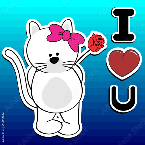 cute standing cat girl sticker cartoon holding red rose love illustartion in vector format