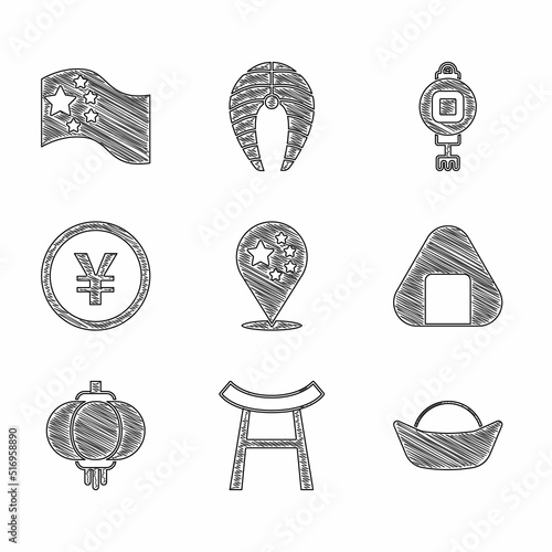 Set China flag, Japan Gate, Sushi, Chinese paper lantern, Yuan currency, and icon. Vector