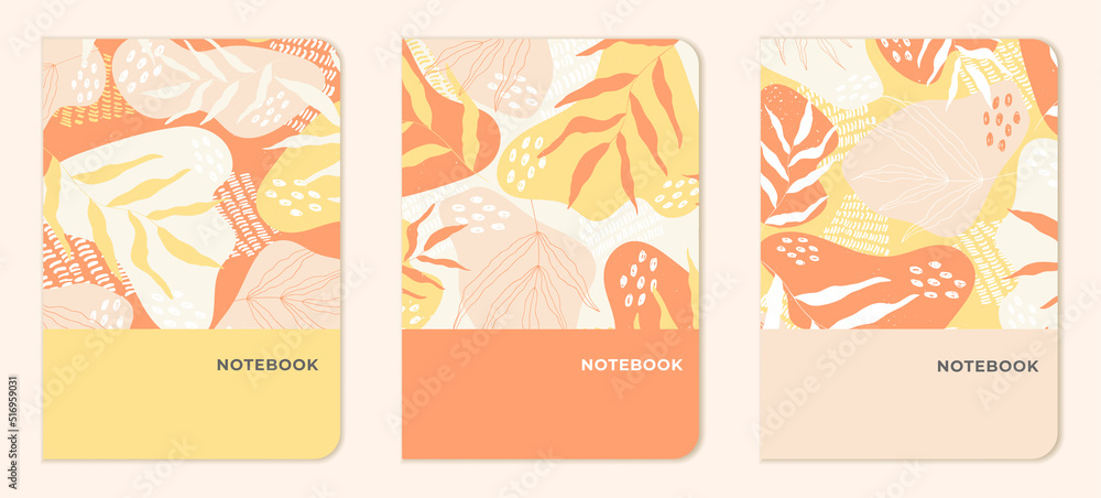 Abstract templates with leaves in yellow, peach and orange tones for notepads, planners, brochures, books, catalogues. Vector.