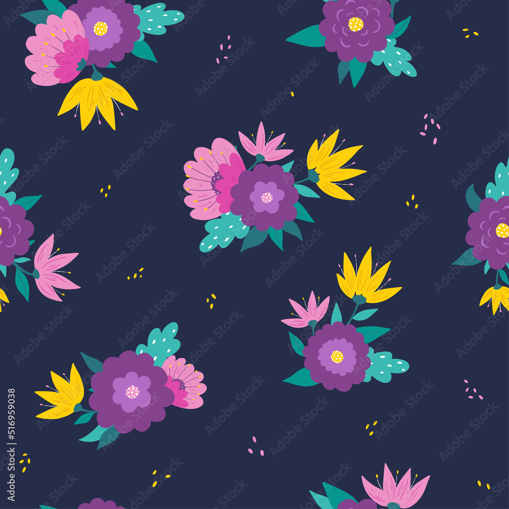 seamless pattern with flowers on blue background. Hand drawn abstract flowers and leaves for textile prints, scrapbooking, wallpaper, wrapping paper, sublimation, backgrounds, etc. EPS 10