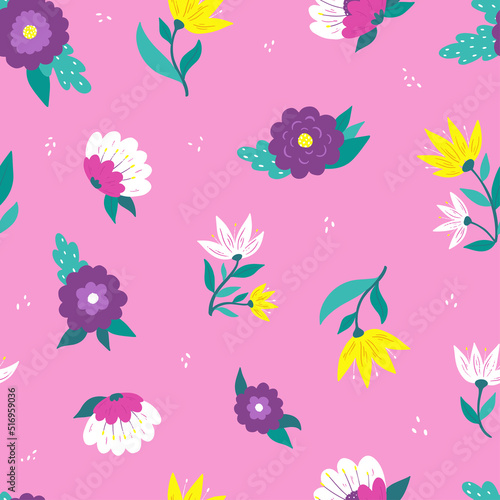 abstract flowers and leaves on pink background. Wrapping paper, scrapbooking, stationary, wallpaper, textile and fabric print. EPS 10