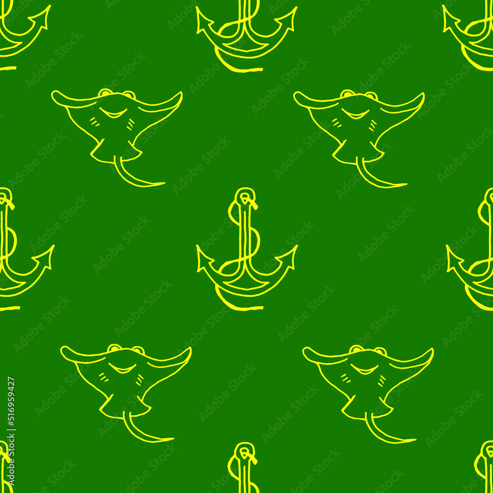 Obraz premium Anchor and stingray fish drawn with yellow marker on green paper. Seamless background with pattern of cramp-fish and anchor. Summer vacation concept.
