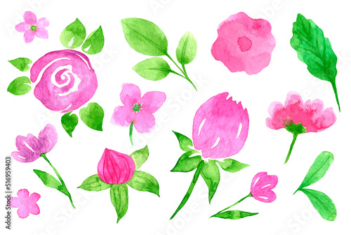 Fototapeta Naklejka Na Ścianę i Meble -  Rose floral set. Colorful floral collection with leaves and flowers, drawing watercolor. Spring or summer design for invitation, wedding or greeting cards.