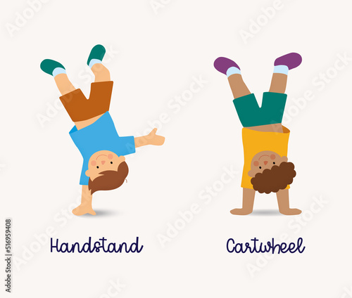 kids in t-shirt and short pant doing handstand and cartwheel
