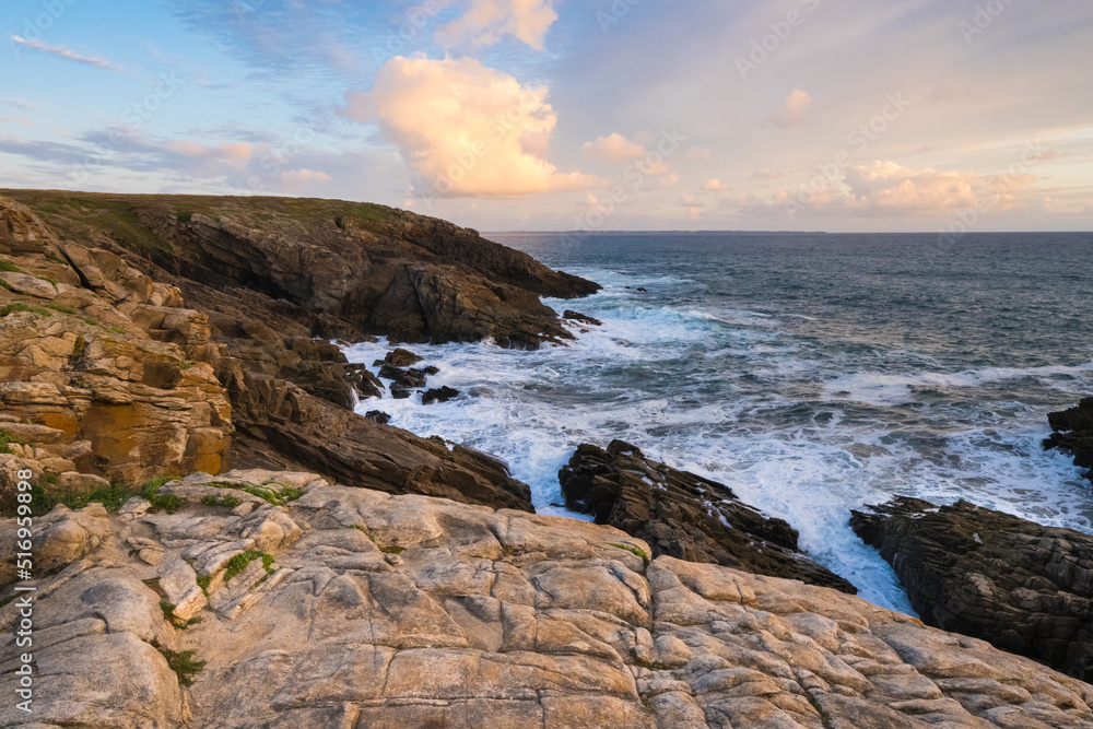 Wild coast and cliffs in Quiberon at sunset, Quiberon, Brittany, France