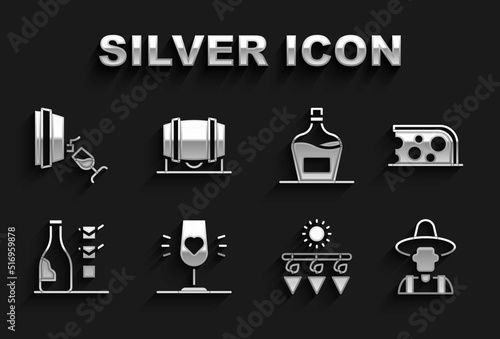 Set Wine glass, Cheese, Farmer the hat, Drying grapes, Bottle of wine, Old bottle, tasting, degustation and Wooden barrel for icon. Vector