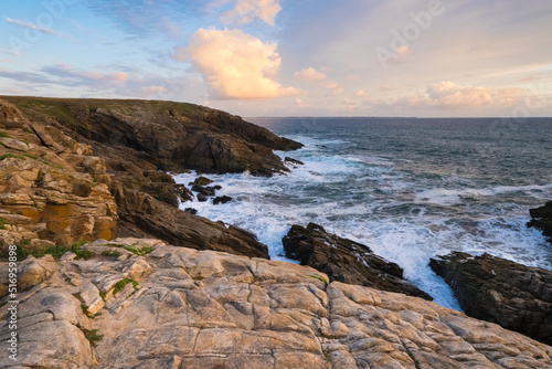 Wild coast and cliffs in Quiberon at sunset  Quiberon  Brittany  France