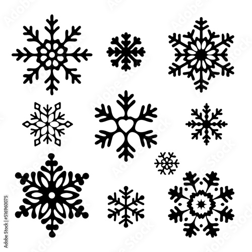 Set of Black Snowflakes on a White background. Flat Vector Illustration.	