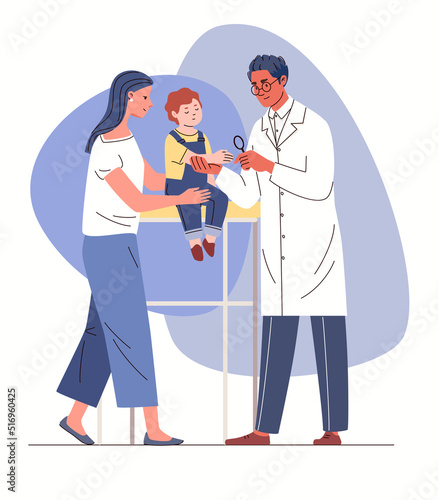 Dermatology and skin care. Male dermatologist examines child's allergic reaction through magnifying glass. Mother with child at doctor's appointment about dermatological disease. Vector illustration.