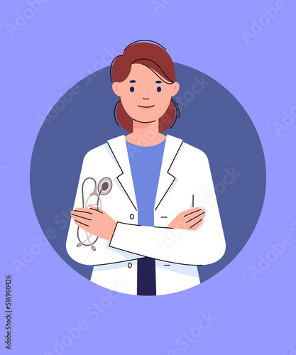 Avatar of doctor. Young woman in white coat holds stethoscope in her arms crossed over her chest. Illustration for medical site, online appointment with physician. Character vector illustration. 