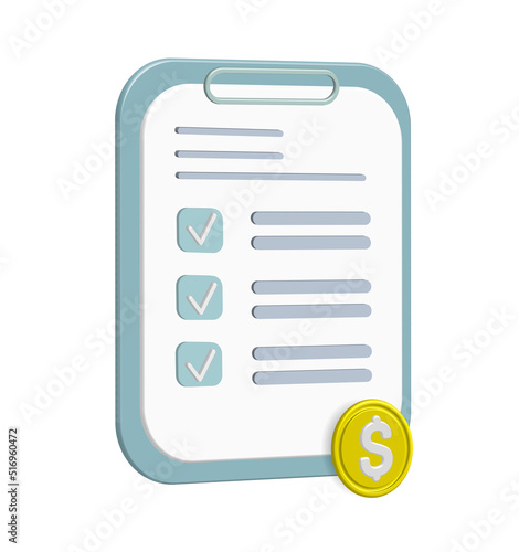 The concept of paying taxes and business taxes. Coins, and a tax form. 3d illustration. 