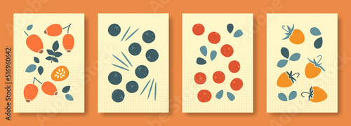 Vector illustration abstract still life of berries in pastel colors. Set of illustrations berries briar, juniper, cranberry, wild strawberry.