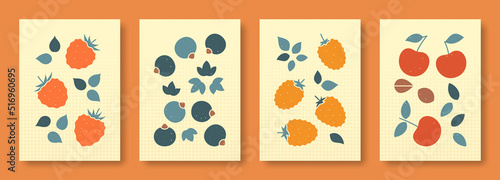 Vector illustration abstract still life of berries in pastel colors. Set of illustrations berries raspberry, currant, blackberry, cherries.
