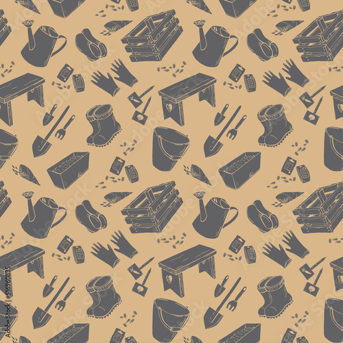 Seamless pattern with silhouette garden tools, watering can, boots, shovels, seeds. Endless texture with monochrome gray elements on beige background. Vector illustration.