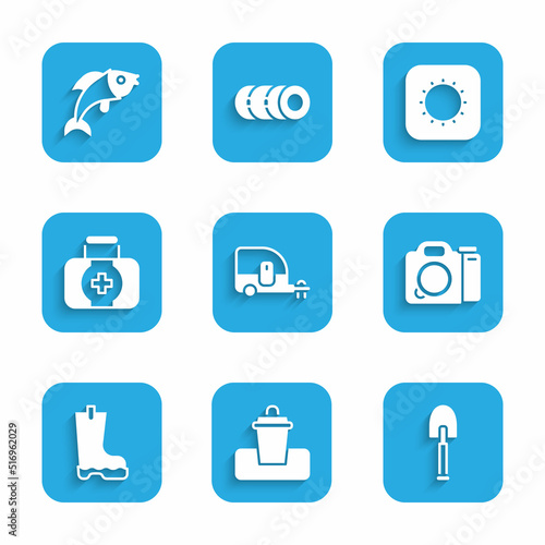 Set Rv Camping trailer, Trash can, Shovel, Photo camera, Waterproof rubber boot, First aid kit, Sun and Fish icon. Vector