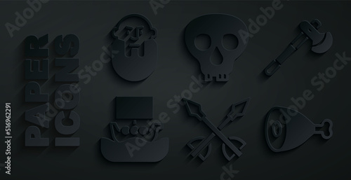 Set Medieval arrows, Wooden axe, Viking ship Drakkar, Chicken leg, Skull and head icon. Vector