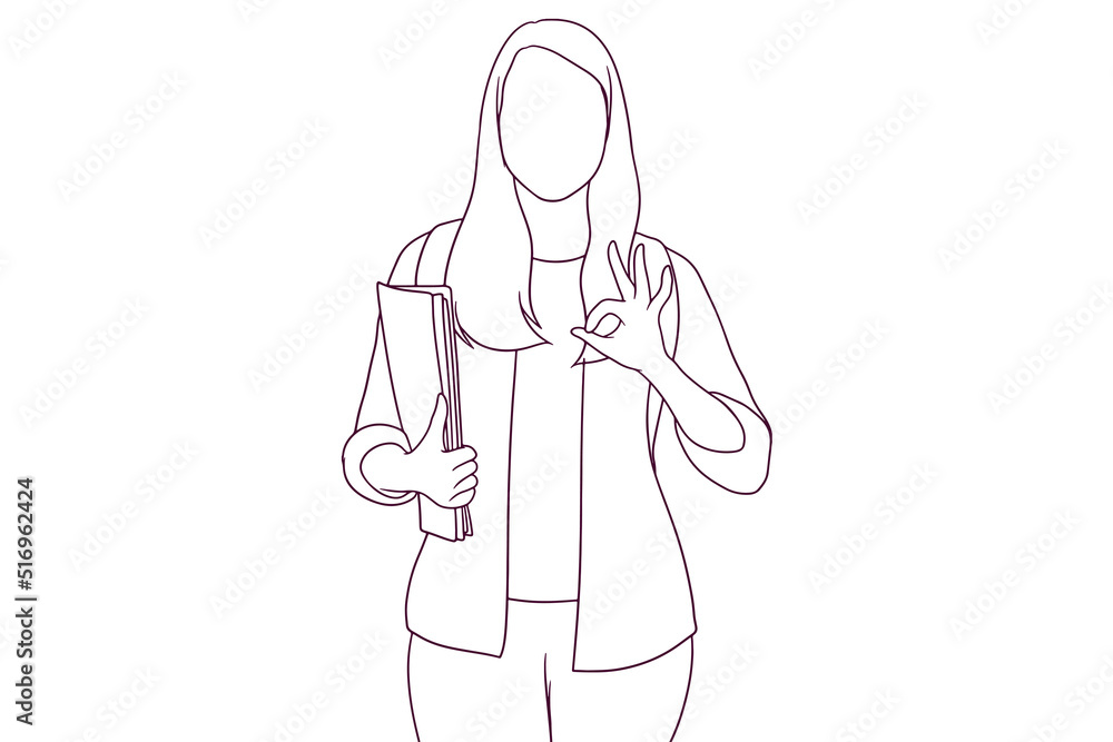 young student girl showing ok gesture hand drawn style vector illustration young student girl showing ok gesture hand drawn style vector illustration