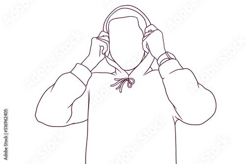 Young man wearing stylish hoodie hand drawn style vector illustration