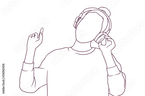young woman listening music hand drawn style vector illustration
