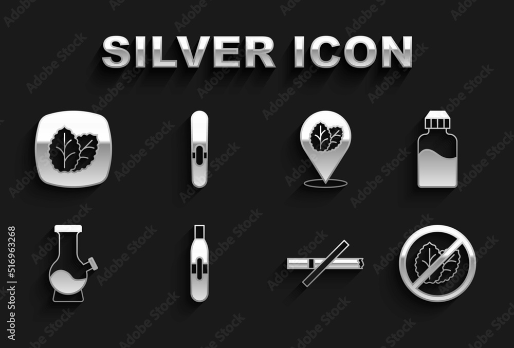 Set Electronic cigarette, Vape liquid bottle, No tobacco leaf, smoking, Bong, Tobacco, and Cigar icon. Vector Set Electronic cigarette, Vape liquid bottle, No tobacco leaf, smoking, Bong, Tobacco, and Cigar icon. Vector