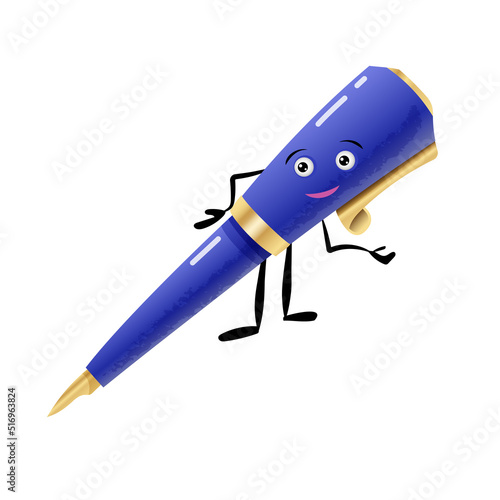 funny pen character with smiling human face. Blue fountain pen vector cartoon illustration isolated on white. cute ink pen with eyes and mouth. school item for mascot, sticker, back to school design