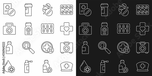 Set line Nurse hat with cross, First aid kit, Heart, Medicine pill or tablet, bottle, Medical prescription and Pills blister pack icon. Vector