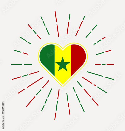 Senegal heart with flag of the country. Sunburst around Senegal heart sign. Vector illustration.