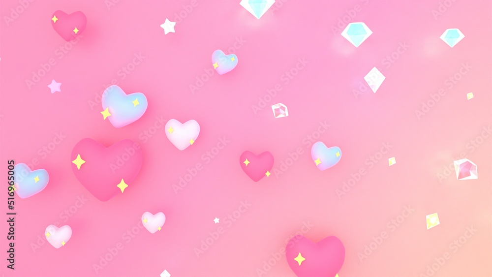 3d rendered bling bling hearts and diamonds pattern background.
