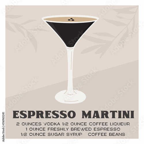 Espresso Martini Cocktail in glass garnished with coffee beans. Retro print with recipe of aperitif. Wall art poster with alcoholic beverage and tree branch shadows on background. Vector illustration.