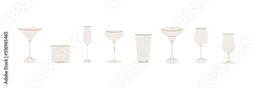 Vector set of cocktail glasses flat icons. Trendy modern simple style of different barware. Empty glassware for bar. Various glass for alcoholic beverages, drinks, juices and smoothies. 