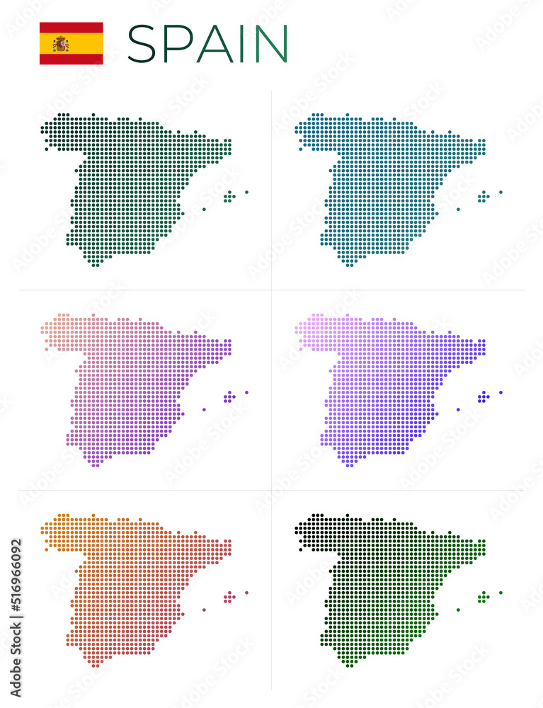 Spain dotted map set. Map of Spain in dotted style. Borders of the country filled with beautiful smooth gradient circles. Captivating vector illustration.