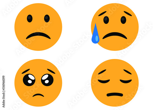 Sad emoji. Set of sad, crying, despondent and disappointed emojis. Simple vector isolated on white background for social networks.