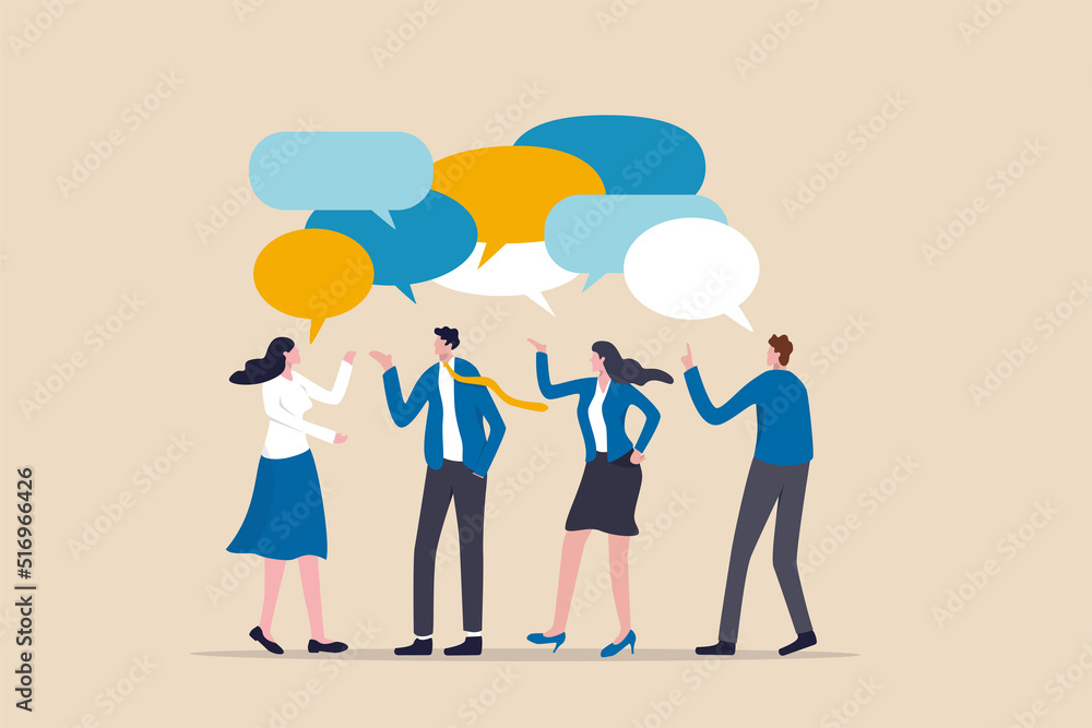 Discussion, conversation or brainstorming for idea, meeting, debate or team communication, colleague chatting, opinion concept, business team coworker discussing work in meeting with speech bubbles. - obrazy, fototapety, plakaty 