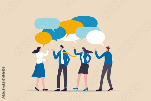 Discussion, conversation or brainstorming for idea, meeting, debate or team communication, colleague chatting, opinion concept, business team coworker discussing work in meeting with speech bubbles. © Nuthawut