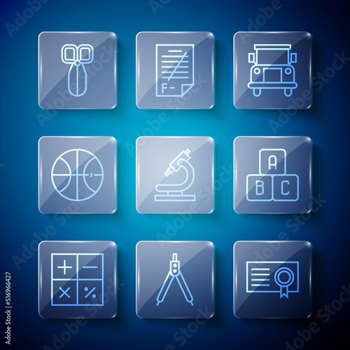 Set line Calculator, Drawing compass, Certificate template, School Bus, Microscope, Basketball ball, Scissors and ABC blocks icon. Vector